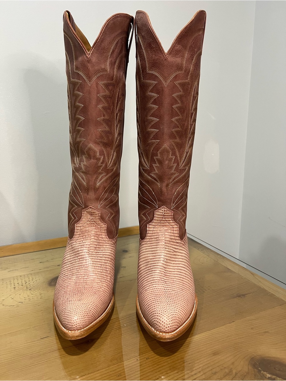 Tecovas Two-Tone Brown and Blush Lizard-Textured Tall Western Boots
